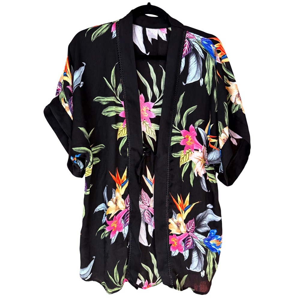 Kona Sol Black Floral Tropical Kimono Swim Cover Up Bird of Paradise S/M